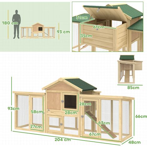 HĂŒhnerstall HĂŒhnerhaus aus Holz mit Nistkasten, wasserdichtem Dach, Sitzstange, Auslauf, Rampe, 204x85x93 cm Naturholz (1/5)