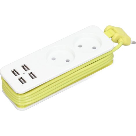 1200-W-Steckdosenleiste (10 A) mit 2 runden Steckdosen und 4 USB-Anschlüssen zum Laden von Smartphones und Computern, 250-V-EU-Stecker, Weiß/Grün (1/5)