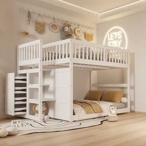 Cama litera baja 140x200 cm blanca de madera con escalera y cajones (1/5)
