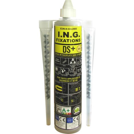 Ing Fixations – Résine de scellement chimique 300ml – Méthacrylate sans styrène pour béton armé – Application dans trous secs et humides