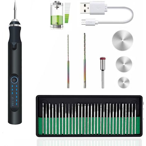 Stylo de gravure électrique sans fil, stylo de micro-gravure avec jeu de disques de ponçage et 30 pointes de meulage, mini outil de gravure professionnel rechargeable par USB pour bijoux, bois, métal, (1/5)