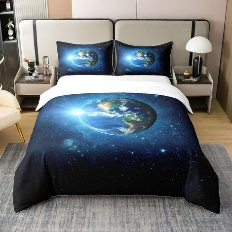Parure de lit avec housse de couette de 135 x 200 cm et 1 taie d'oreiller de 80 x 80 cm, à fermeture éclair, en 100 % coton, pour enfant garçon et fille - Motif terre et galaxie bleue (1/5)