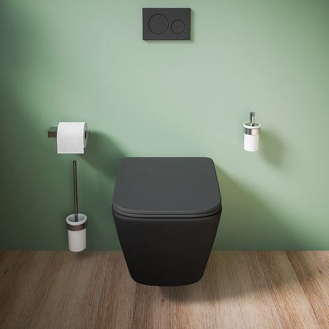 WC suspendu sans rebord en céramique noir mat avec siège à fermeture progressive Mod. Kyoto