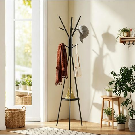 Perchero de pie (45x45x180 cm), con 9 ganchos y balda, metal y MDF negro (1/5)