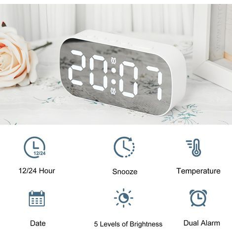 Kleiner digitaler Wecker mit Temperaturanzeige, Datumsanzeige, Nachtmodus, fünf Helligkeitsstufen, Doppelalarm und Schlummerfunktion (weißes Licht).