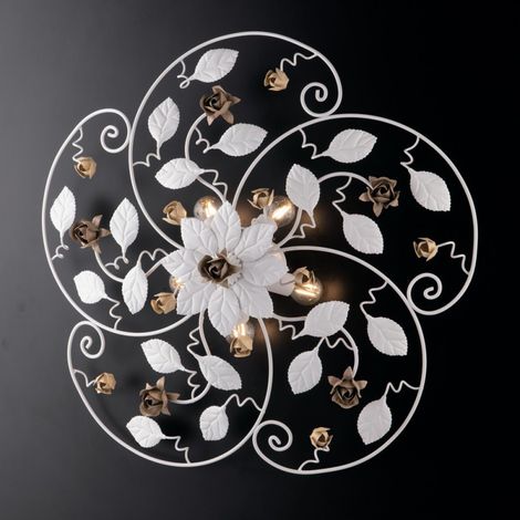 Lámpara de techo de hierro lacado en blanco con decoración shabby 5 luces cm 65