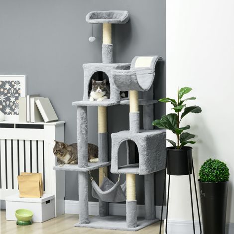 Arbre à Chat avec Hamac, Lit et 2 Maisons, en Aggloméré et Peluche, 55x49x177 cm, Gris et Blanc (1/5)