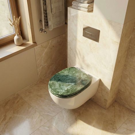 Abattant WC en MDF avec descente automatique, charnière amortie, noyau en bois MDF, finition marbre vert (1/5)