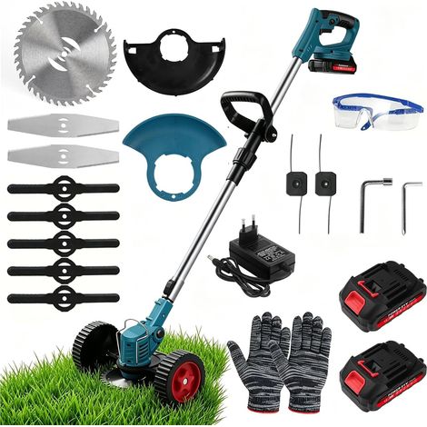 Débroussailleuse sans fil avec 2 batteries et chargeur, 3 types de lames, débroussailleuse réglable, tête rotative à 90°, pour jardin, cour, pelouse, bleu (1/5)