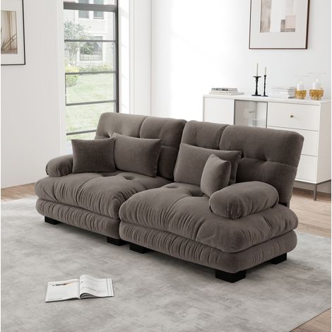 Canapé d'angle modulable marron en chenille avec coussins lombaires et accoudoirs rembourrés (1/5)