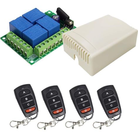 Commutateur de télécommande sans fil 12V, récepteur de Relais RF 10A 4CH 433Mhz avec 4 émetteurs Porte de Portail,pour Moteur, Garage, lumière, Bricolage (1/5)