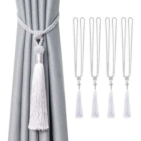 Ensemble de 4 embrasses de rideaux à longs pompons, attaches de rideaux en corde tressée à la main, gris argenté