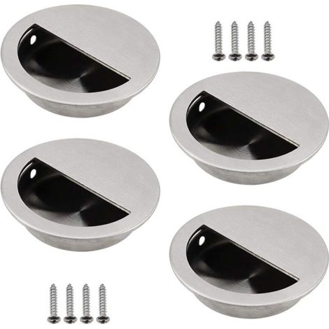 Lot de 4 Poignées Encastrables en Acier Inoxydable Argenté Poignée de Porte Coulissante Ronde Ø50mm avec un Trou Demi-Circulaire de 40 x 20mm Facile à Tirer - pour Porte Coulissante ou Autres Meubles