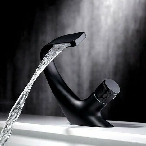 Bathroom Basin Mixer Tap with Waterfall, Basin Faucet Tap, Modern Sleek Brass Mixer Tap for Bathroom (Black, 18 x 13cm) (1/4)