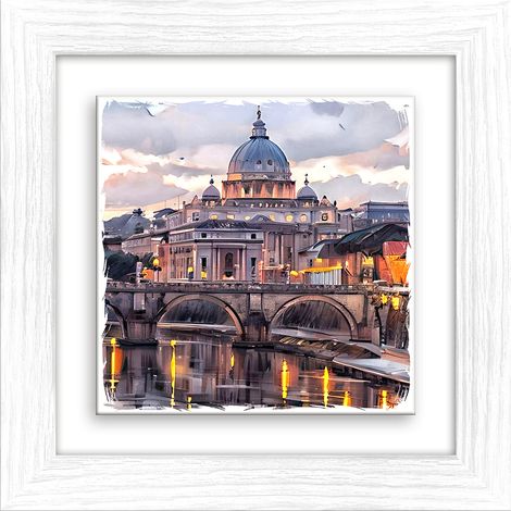 Lupia - Quadro moderno con paesaggi e localismi italiani, Ceramica e Stampa Rilievo, Cornice Legno Shabby Modern bianca, Decorazione Parete, Quadretti Soggiorno, 29x29 cm, ROMA VATICANO (1/4)