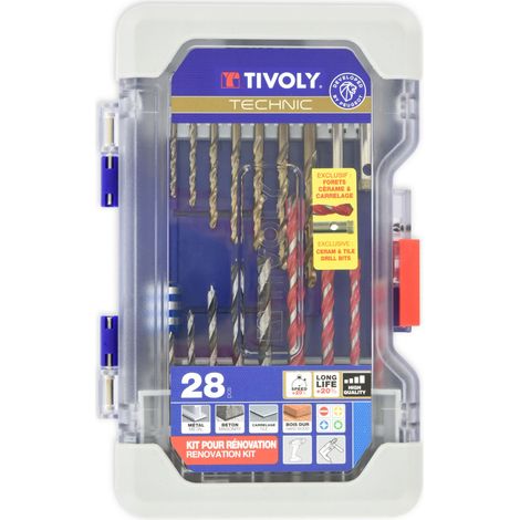 Tivoly •  Mallette 28 Pièces : 8 Forets Métaux, 4 Forets Béton/Carrelage, 6 Forets Bois, 2 Forets Diamant à Eau, 7 Embouts de Vissage, 1 Porte-Embout Magnétique Quick Change