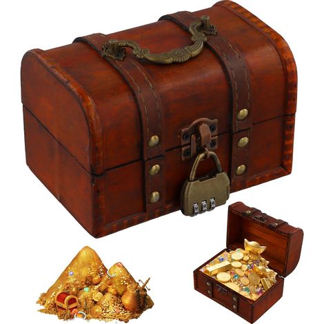 Coffre Trésor Vintage Mini en Bois avec Serrure à Combinaison Petit Coffre de Pirate Boîte à Bijoux Tirelire Idéale pour Conservation et Décoration 16 12 9.5cm Marron (1/5)