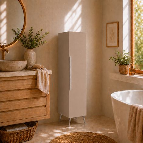 Meuble haut colonne pour salle de bain 130 cm sur pieds coloris taupe prémonté (1/4)