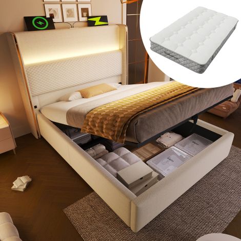 Lit coffre enfant 90x200 cm avec haute tête de lit, éclairage LED, ports USB/Type-C, sommier à lattes, sans fond, matelas inclus, beige