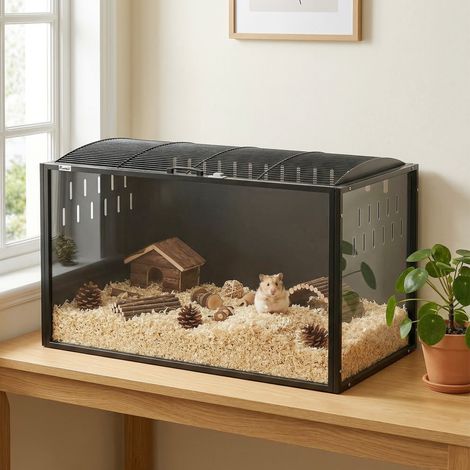 Noirs 105x51x53 cm - Grande cage à hamster doté de couvercle rabattable ventilé, cadre en acier, panneaux transparents (1/4)