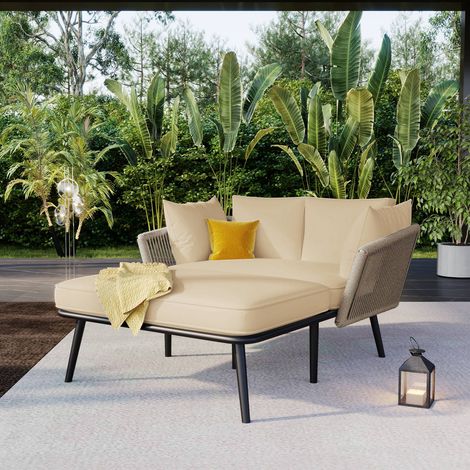 Salon de jardin 2 places avec coussins amovibles kaki, canapé et transat pour balcon ou terrasse extérieur (1/5)