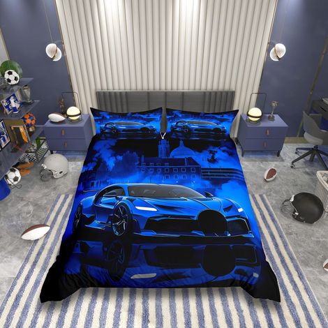 Parure de lit avec housse de couette de 135 x 200 cm, motif voiture de course, motif voiture de sport, pour garçons et filles, bleu moderne, avec fermeture éclair, pour chambre (1/5)