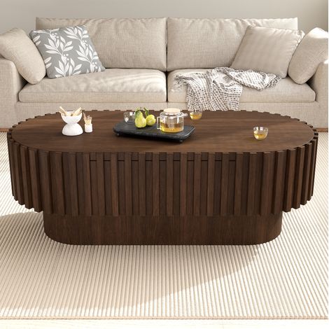 Table basse ovale 100x50x35,5 cm MDF noyer avec tiroir rangement pour salon - CHICFURN (1/5)