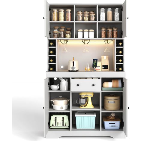 Buffet de cuisine haut avec LED colorée, étagères réglables, tiroir, range-verres, casiers à bouteilles, prises intégrées, blanc 180 x 105 x 40 cm  CHICFURN (1/5)