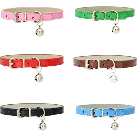 Lot de 6 colliers en cuir pour chat avec clochette amovible et boucle en métal durable et réglable pour chaton, chiot, petit chien (1/5)