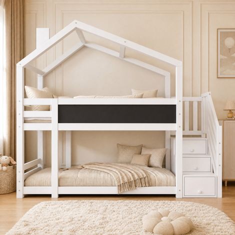 Cama litera infantil 90x200 cm con escalera de almacenaje, pizarra y barrera blanca HAVRYA (1/5)