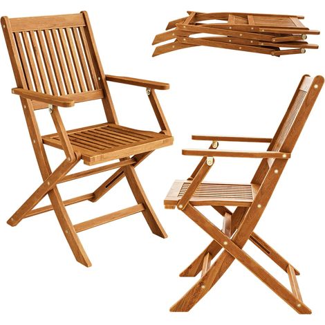 Lot de 2 chaises pliables de jardin Sydney en bois d'acacia certifié FSC pré-huilé, avec accoudoirs, dossier haut, mobilier extérieur pour terrasse balcon (1/4)
