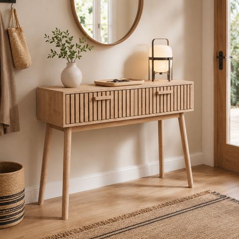 Console Table en Bois Massif, Meuble d'Entrée avec 2 Tiroirs, Table d'appoint canapé, Design Lames pour Salon Hall, Bois Clair (1/5)