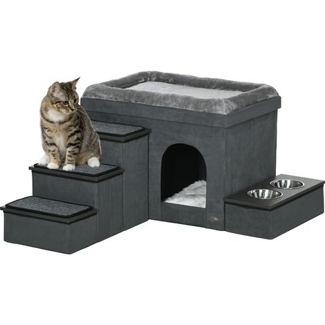 Cuccia per gatti, rifugio per gatti, grotta per gatti, 3 scalette per animali domestici, 2 ciotole per il cibo, 70 x 50 x 51 cm, grigio