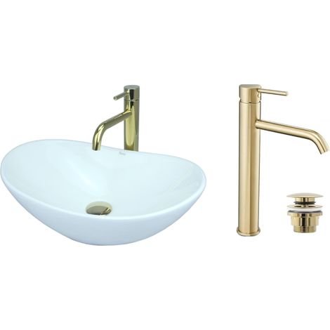 GTM Design Aufsatzwaschbecken 47 cm Glanz Set mit Waschtischbatterie und Stopfen - Aufsatzwaschbecken Oval für Badezimmer - Modernes Waschbecken ohne Hahnloch - Waschbecken mit Armature (1/5)