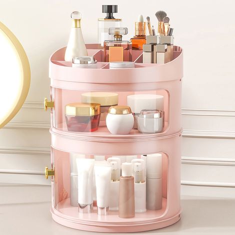 Organisateur de maquillage et de parfums transparent et anti-poussière, boîte de présentation ronde de bureau avec couvercle, grande capacité, plusieurs compartiments, rose (1/5)