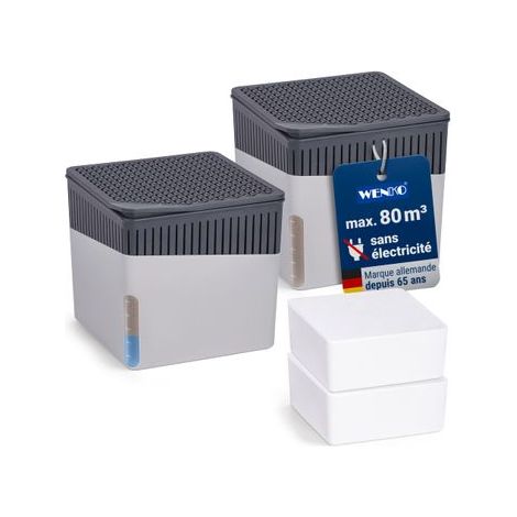Lot de 2 déshumidificateurs Design CUBE Rechargeables 1kg WENKO Absorbeur d'humidité, Anti moisissure jusqu’à 3 mois, Idéal jusqu'à 80m², 6,5x15,7x16,5cm chaque, Gris (1/5)