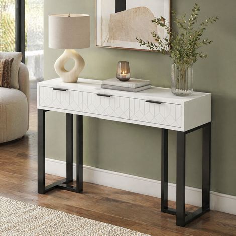DESMIU Console avec 2 tiroirs et pieds réglables, cadre métallique doré, pour salon, entrée et bureau (1/5)