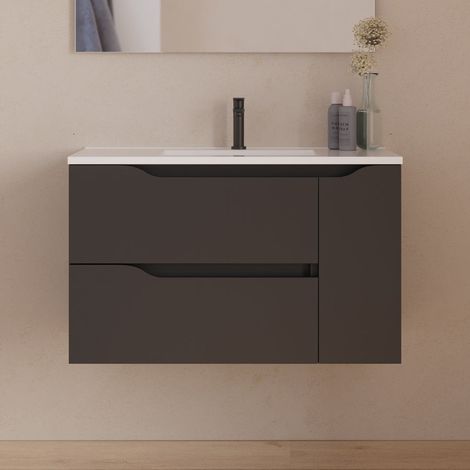 Meuble sous vasque seul, 2 tiroirs et 1 porte, 80cm, vasque centrée - noir - ZARZA
