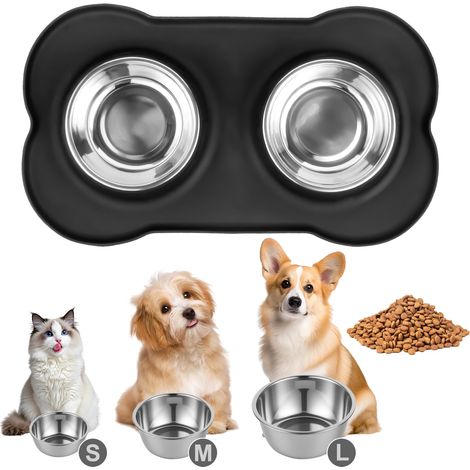 Tapis Gamelle Chat INOX, 2 PcsGamelle pour Chien et Chat Antidérapante en Acier Inoxydable, Double Bols Eau avec Tapis Gamelle Chien Anti Eclaboussure en Silicone (M 42 x 26 cm) (1/5)