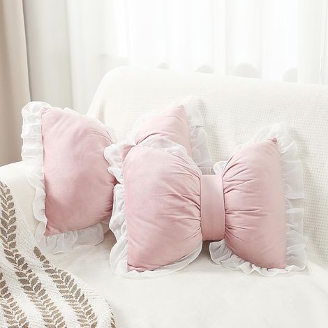 Ensemble de 2 coussins ornés avec maillage, 40 x 32 cm. Coussins à dos en pluche, idéal pour chambres de filles, lits, banques et voitures (velvet, rose) (1/5)