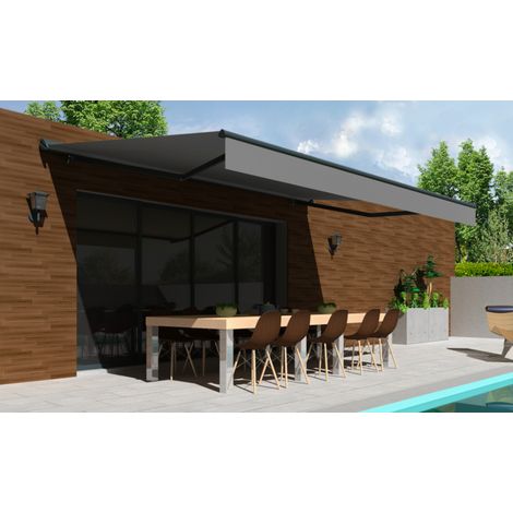 Store banne Semi-coffre COVER 4x3m - Motorisé à télécommande (Motorisé à télécommande secours - Gris Anthracite - Gris Anthracite) (1/5)