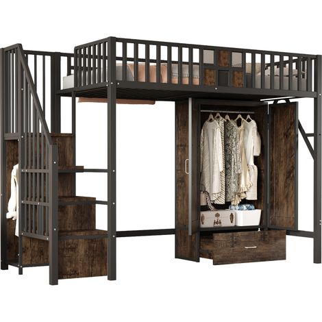 Cama Alta Cama Individual con Armario, Cajón y Escalera con Almacenaje 90 x 200 cm, sin Colchón, Negra (1/5)