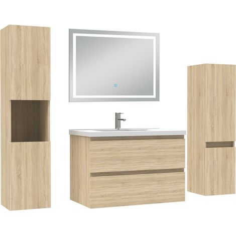 Aica Ensemble meuble Salle de Bain 80cm avec Colonne et Miroir Lumineux Tricolore, Chêne Naturel