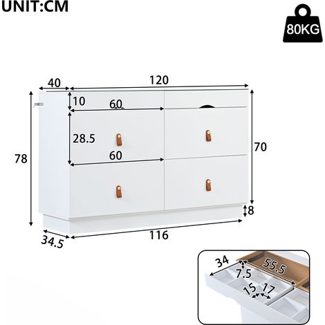 Aparador de cristal templado de seguridad, cómoda con 6 cajones, tocador, separadores de compartimentos, antivuelco, armario alto para dormitorios y todas las estancias, 120 x 40 x 78 cm, blanco. (1/5)