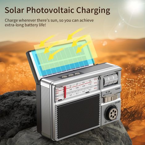 Tragbares Multifunktionsradio FM/AM/SW Bluetooth TF U-Disk - Solar-USB-aufladbar Kompakt - Ideal für Senioren & Ausflüge (1/4)