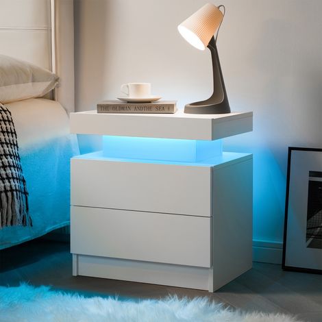 Modernes Nachttischchen mit mehrfarbiger LED-Beleuchtung, 2 Schubladen, Design-Beistelltisch in Weiß – 50 x 53 x 36 cm