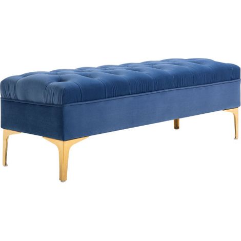 Banc en velours bleu / banc de bout de lit / banc d'entrée (Modèle 118, design sur pieds hauts, adapté aux chambres et aux entrées). (1/5)