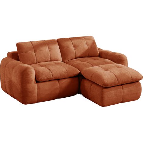 Divano modulare angolare 2 posti in ciniglia arancione con pouf, senza montaggio (1/5)