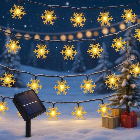 12 m guirlande solaire flocons de neige, 100 LED blanc chaud, étanche IP65, décoration Noël extérieur et intérieur