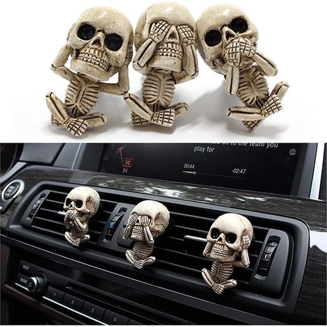 3pcs Divers Accessoire De Portail, Diffuseur Crâne Résine 6x3cm, Clip Grille Aération Voiture, Décoration Intérieur Auto Halloween (1/5)